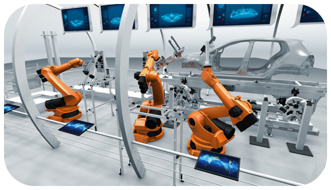 Industrieroboter arbeiten in einer modernen automatisierten Fertigungslinie an einer Fahrzeugkarosserie; mehrere Roboterarme montieren Teile, während Bildschirme technische Daten anzeigen.