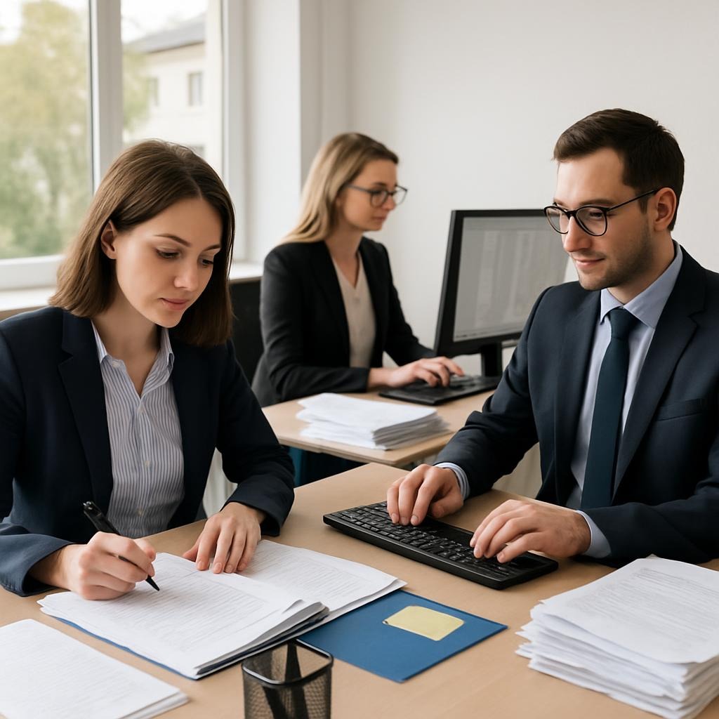 Verwaltungsteam bei der Bearbeitung von Anträgen und Datenpflege in modernem Büro mit natürlichem Licht und strukturierter Arbeitsfläche