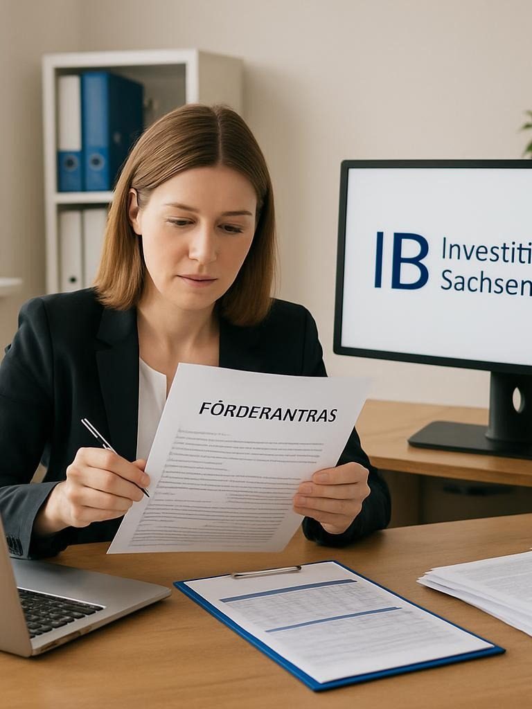 Bearbeiterin bei der Investitionsbank Sachsen-Anhalt prüft Förderunterlagen am Schreibtisch mit Formularen und Dokumenten