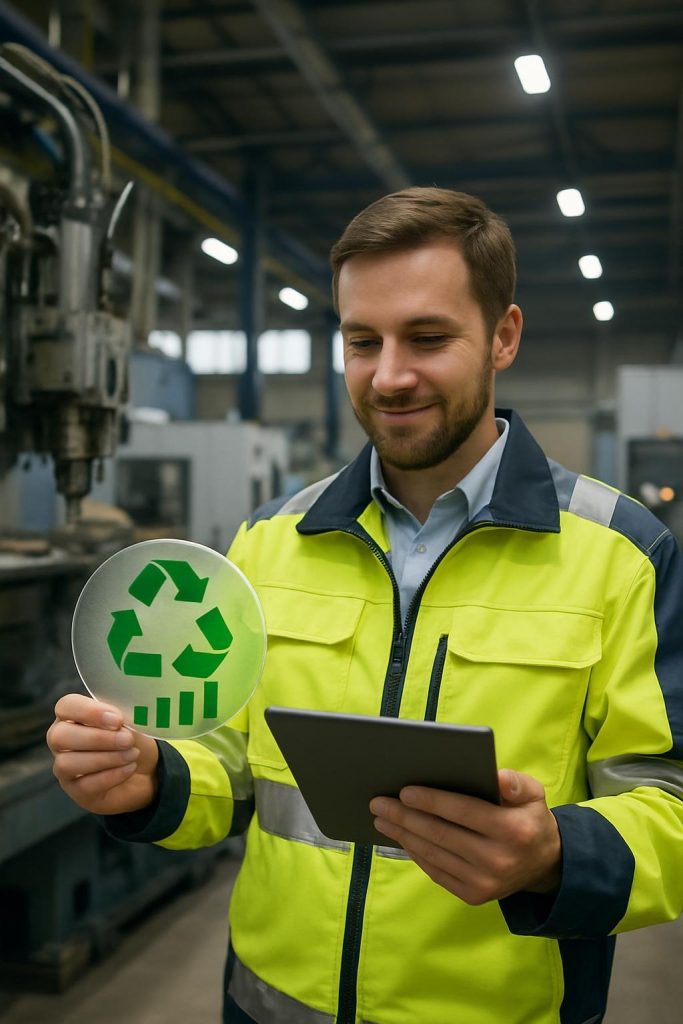 Werksmitarbeiter mit Tablet und Recycling-Icon in moderner Produktionshalle, Fokus auf Digitalisierung und Umweltbewusstsein